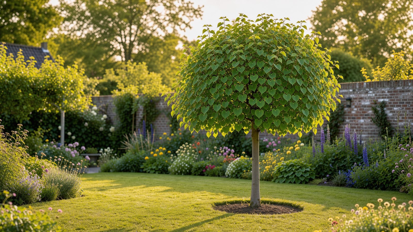Winter-Linde 'Greenspire' in einem Garten auf Lehmboden