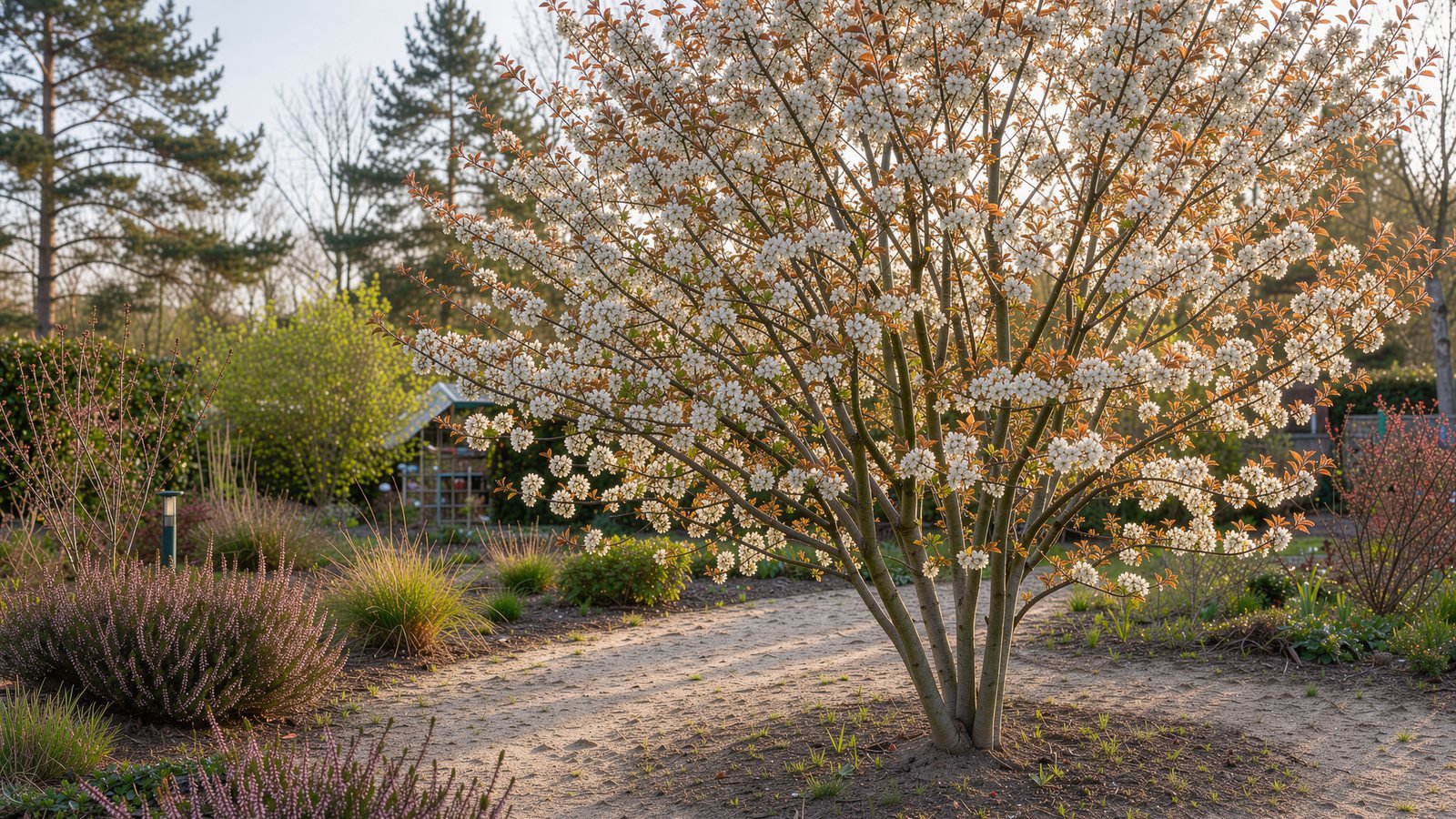 Kupfer-Felsenbirne in einem Garten auf Sandboden