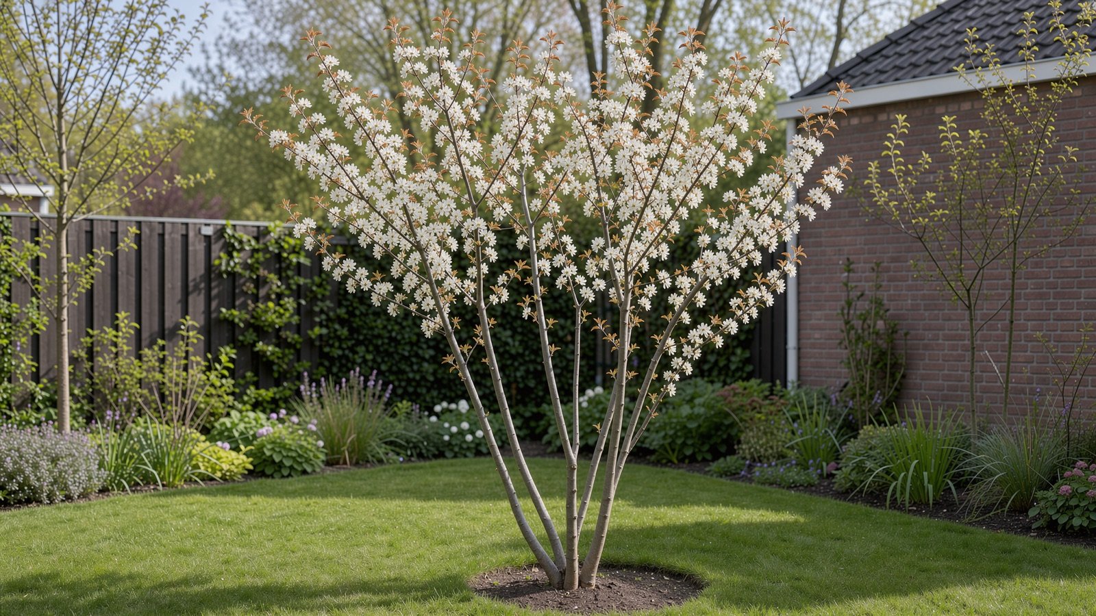 Eine mehrstämmige Kupfer-Felsenbirne in weißer Blüte auf dem Rasen eines Gartens