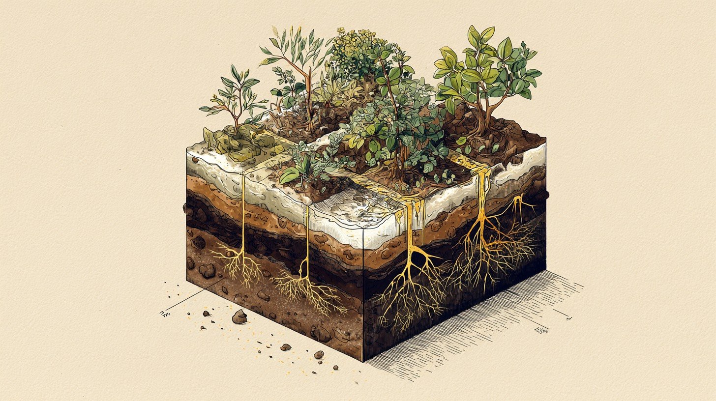 Querschnitt-Illustration eines Gartenbeets mit Bodenschichten und Pflanzenwurzeln — Visualisierung der Gartenzen-Bodenanbindung