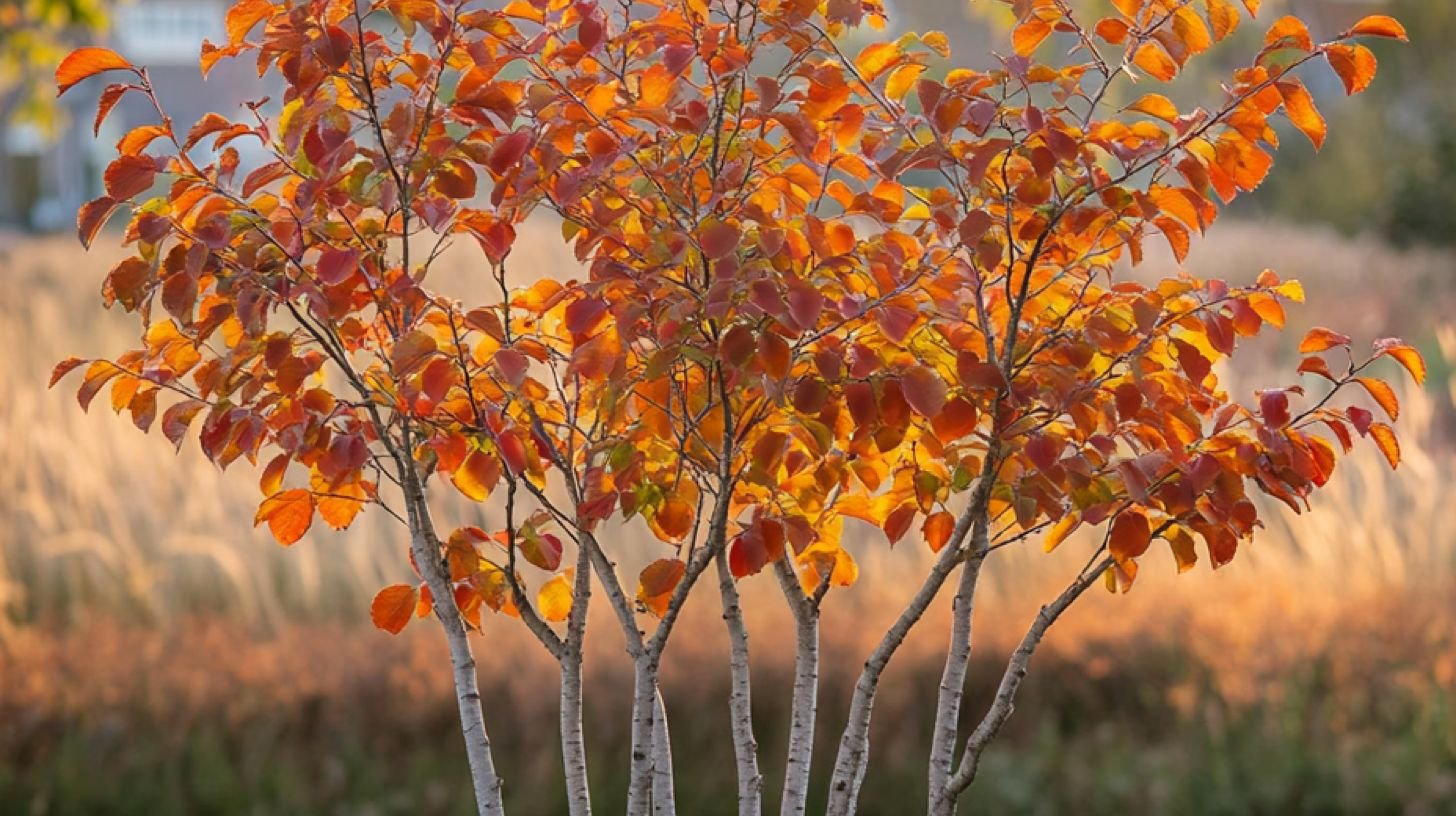 Mehrstämmiger Baum mit orangeroter Herbstfärbung in einem naturnahen Garten mit Ziergräsern