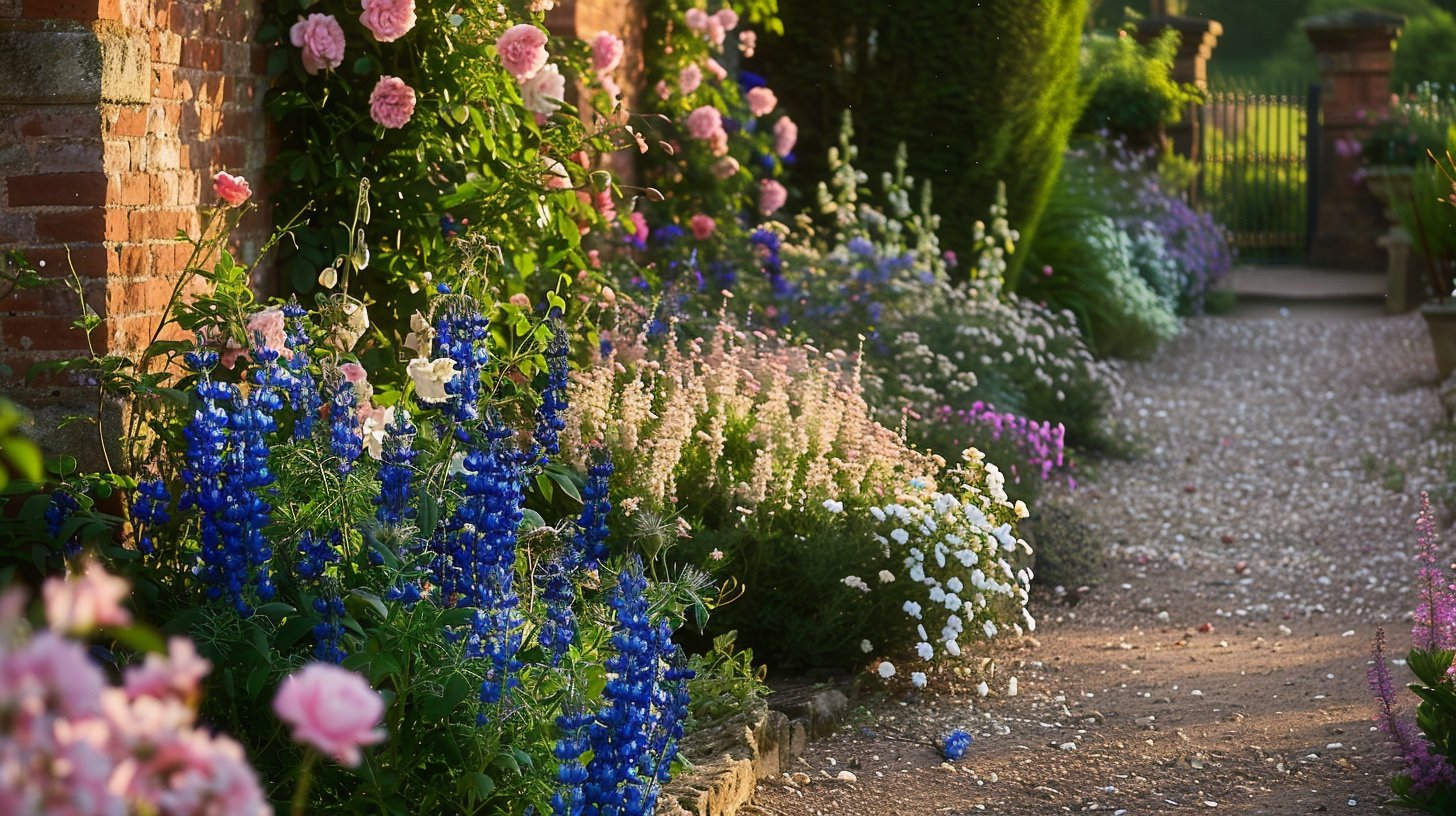 Englischer romantischer Garten mit Rosen, Rittersporn und Lavendel in Sommerblüte — Gartenzen Bepflanzungsplan