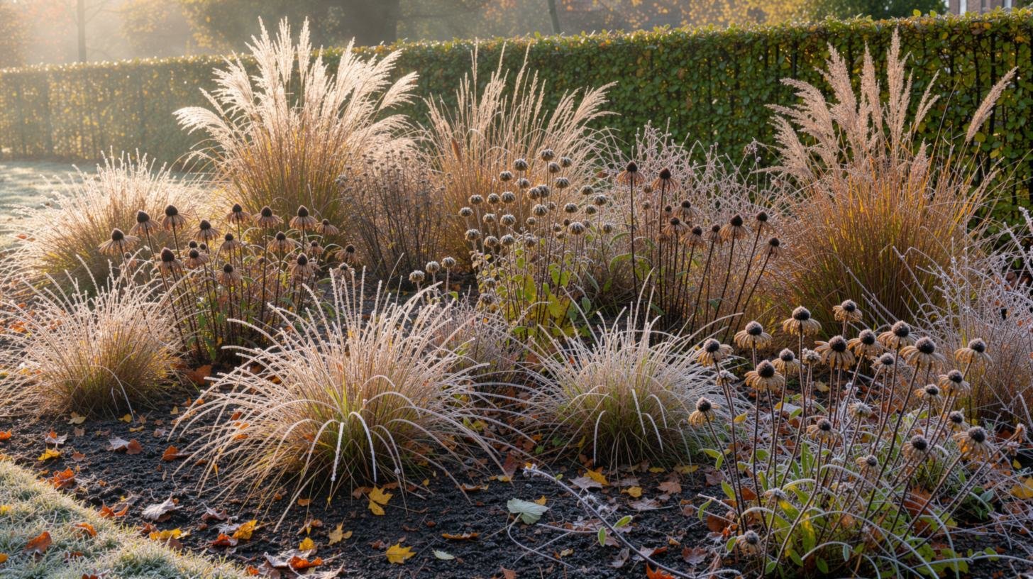 Staudenbeet im November mit Ziergräsern und Samenständen im tiefen Sonnenlicht, Herbstlaub und leichtem Raureif