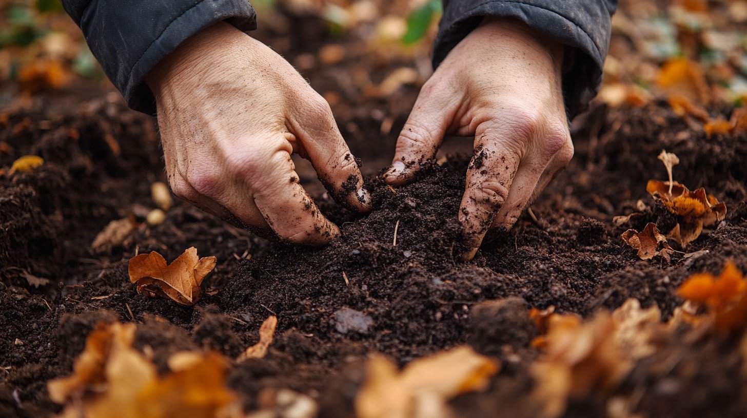 Hände, die dunklen, reichen Kompost in den Boden eines herbstlichen Beetes einarbeiten