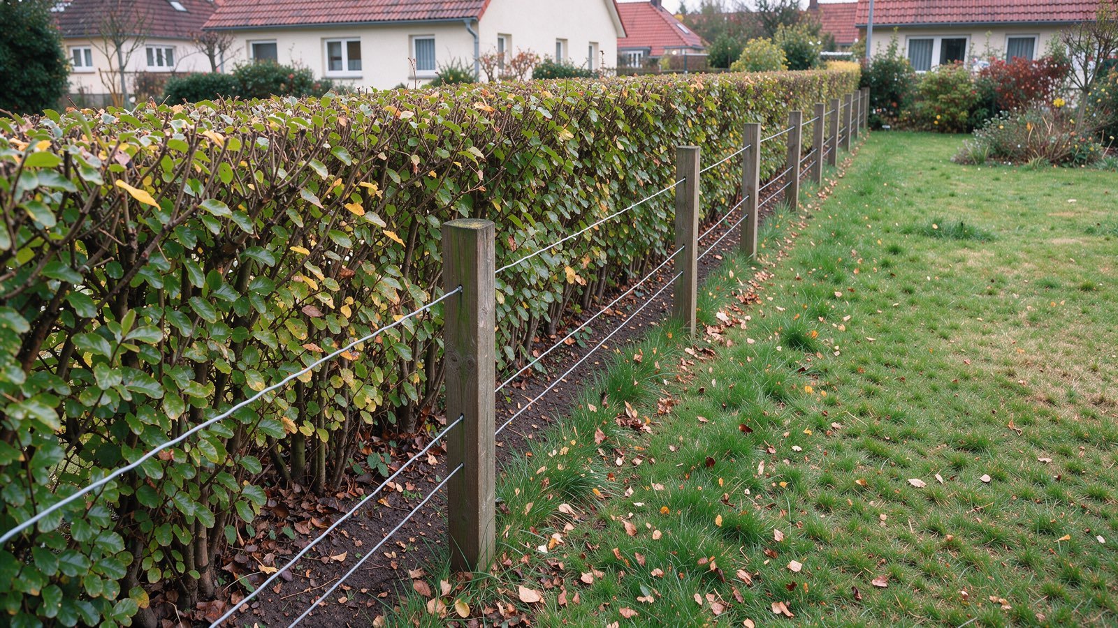 Geschnittene Hecke entlang der Grundstücksgrenze zwischen zwei Gärten