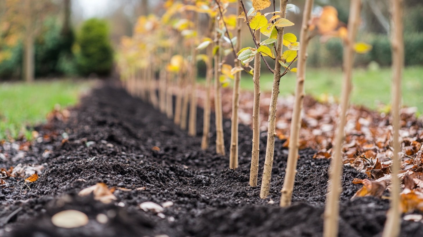 Junge wurzelnackte Hainbuchenhecke wird im Herbst in einen Pflanzgraben gesetzt