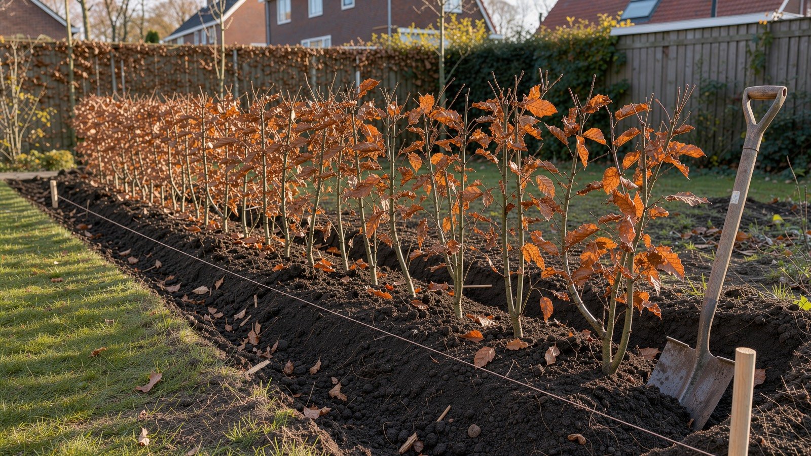 Eine frisch gepflanzte Buchenhecke in einem geraden Pflanzgraben entlang einer Schnur