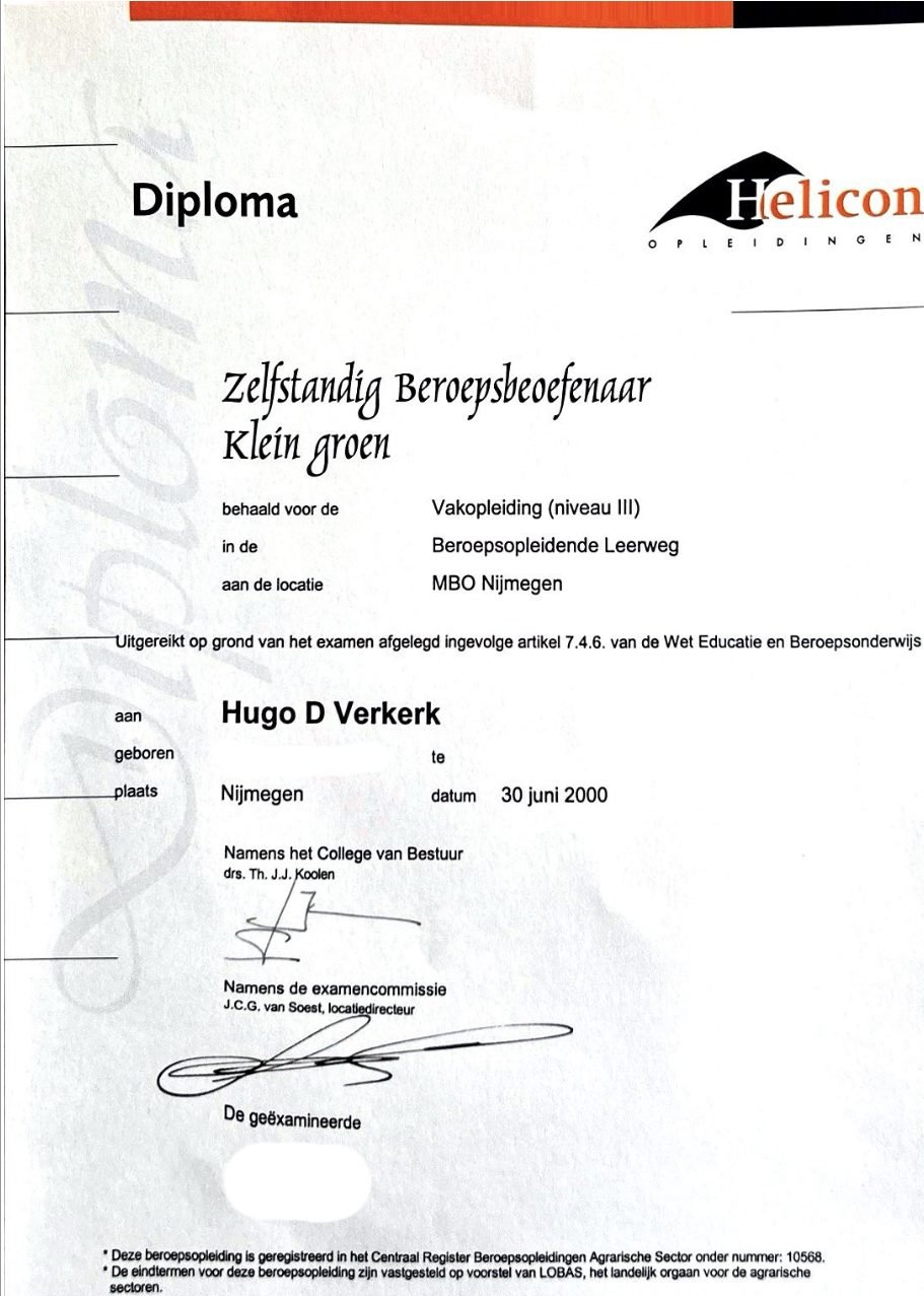 Landschaftsgärtner-Diplom von Hugo Verkerk — Ausbildung im Landschaftsbau, MBO Niveau III (entspricht Facharbeiter), Helicon Nijmegen, 30. Juni 2000