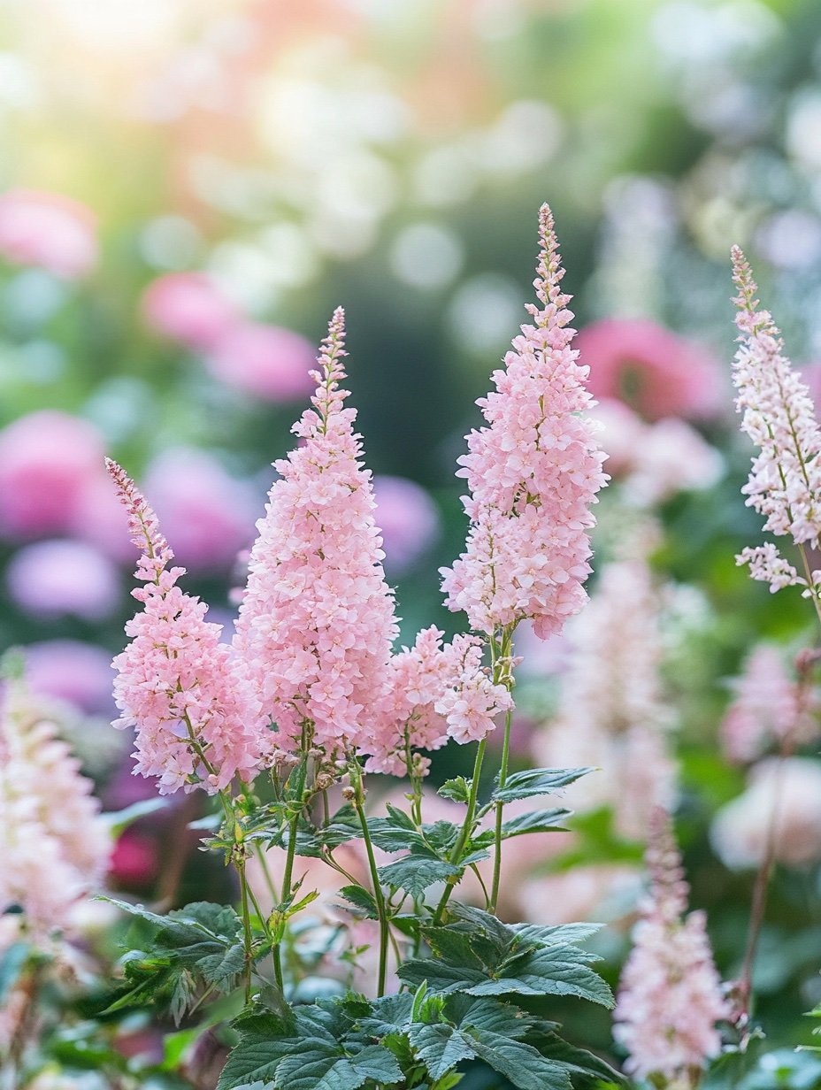 Astilbe × arendsii 'Bressingham Beauty' — hellrosa Federblüten in einem romantischen Halbschatten-Beet