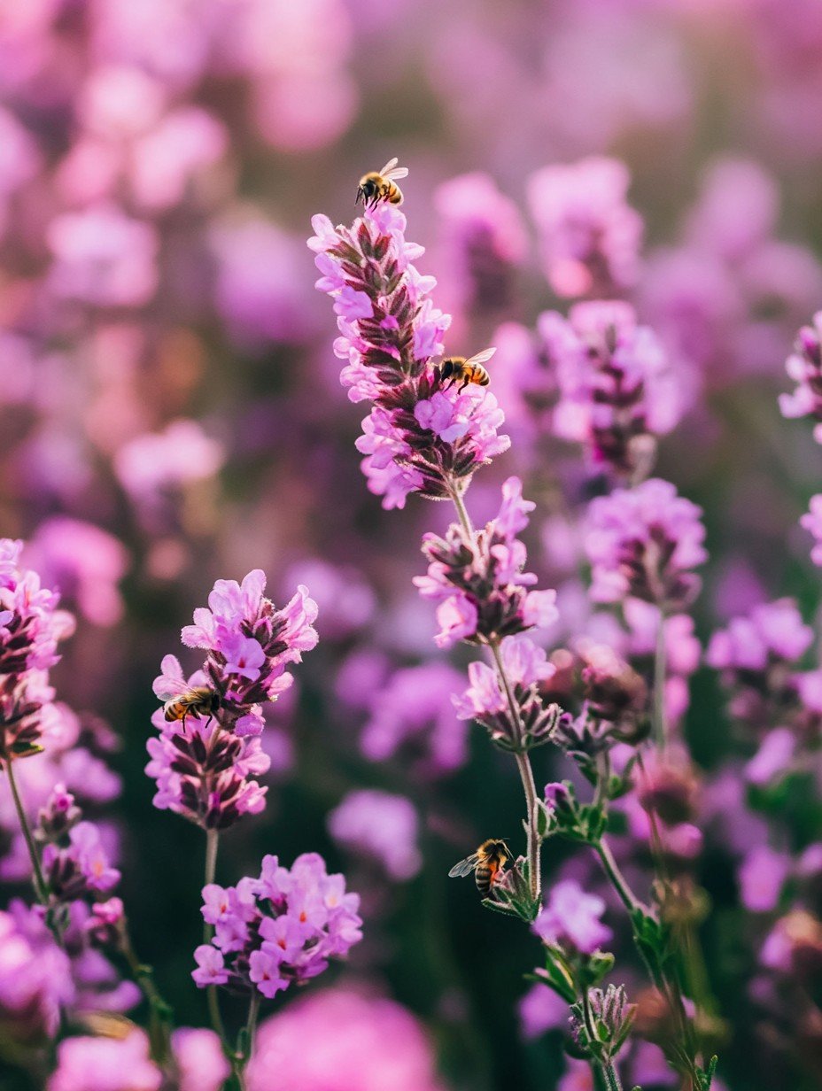 Thymus serpyllum — violetter Thymian-Teppich voller Bienen zwischen Steinen