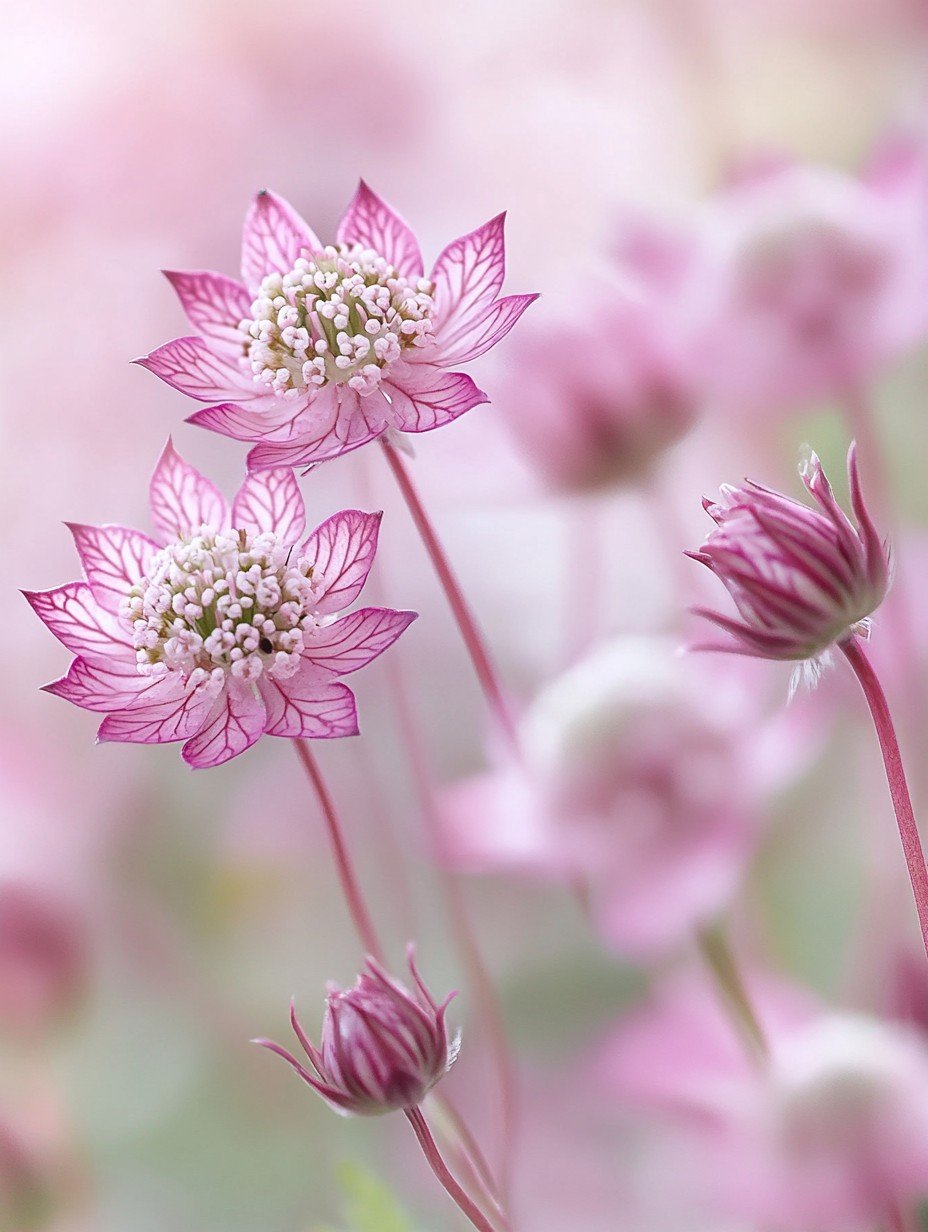 Astrantia major — rosa Sterndolden auf schlanken Stängeln im Cottage-Garten