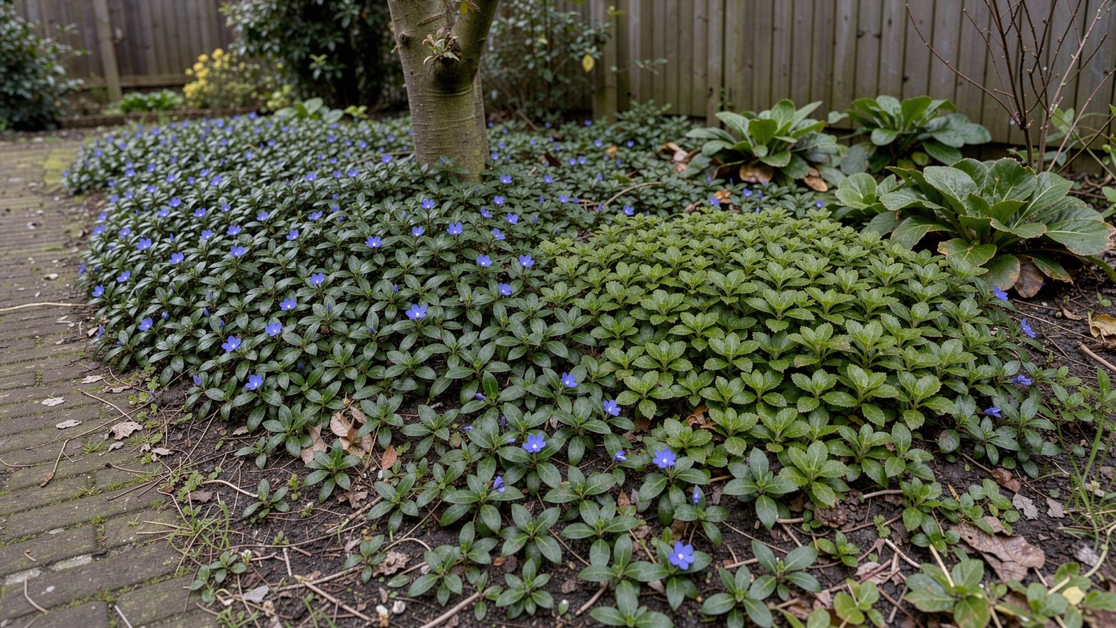 Dichter Teppich aus Bodendeckern unter einem Baum im Garten