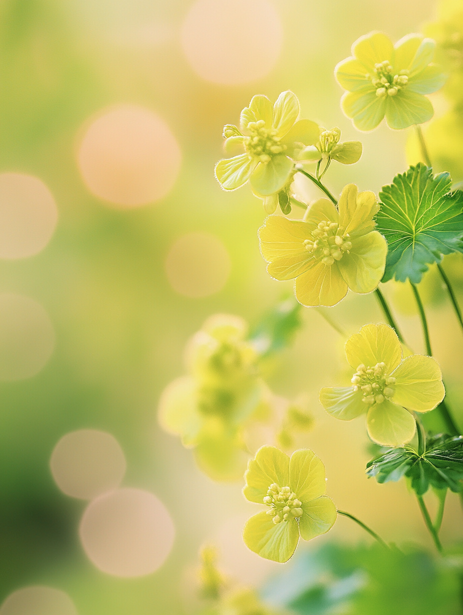 Alchemilla mollis — gewelltes Blätterdach mit Tautropfen und gelber Blütenwolke