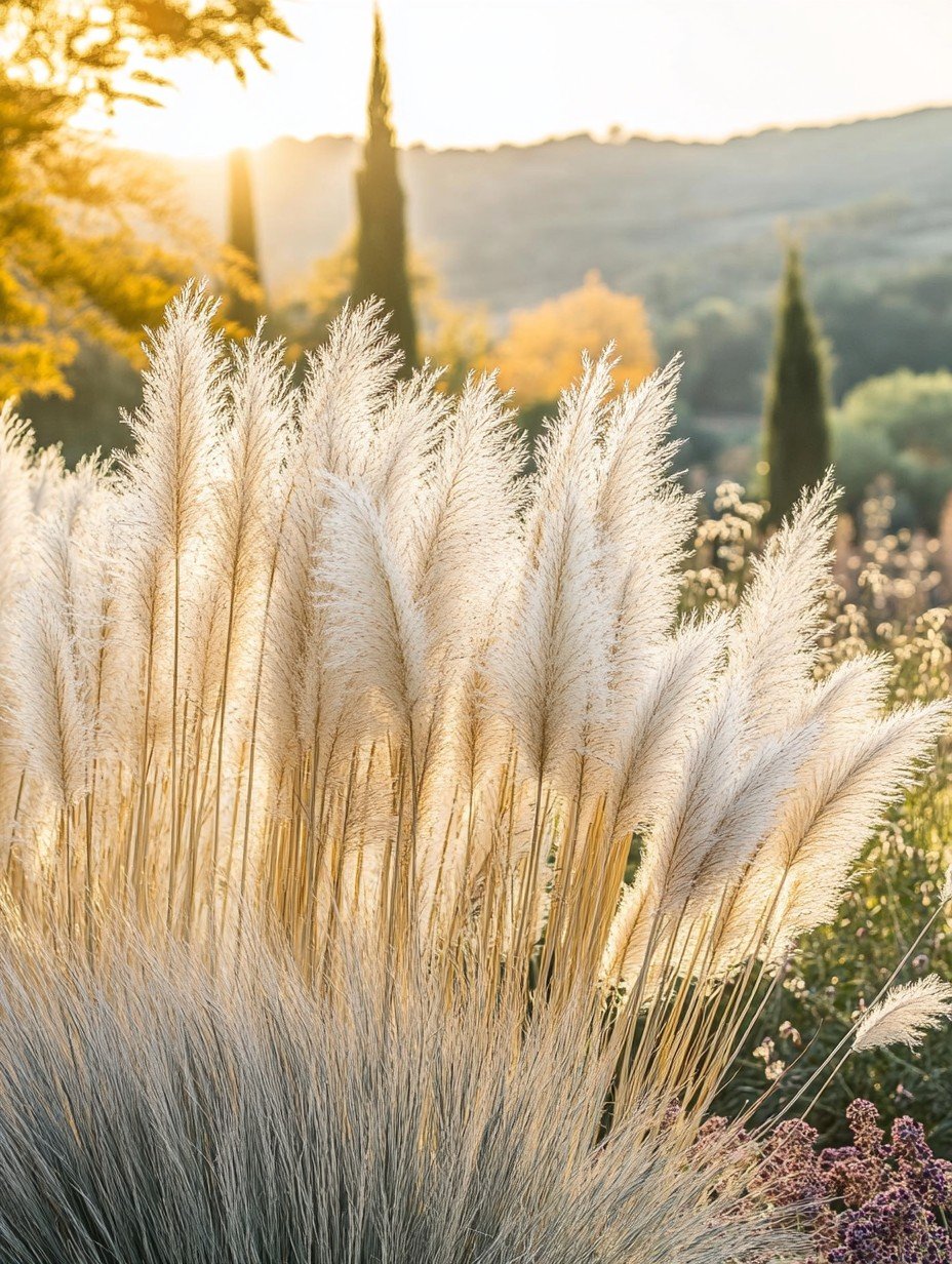 Cortaderia selloana Pumila — compact pampasgras met witte pluimen in Herbst