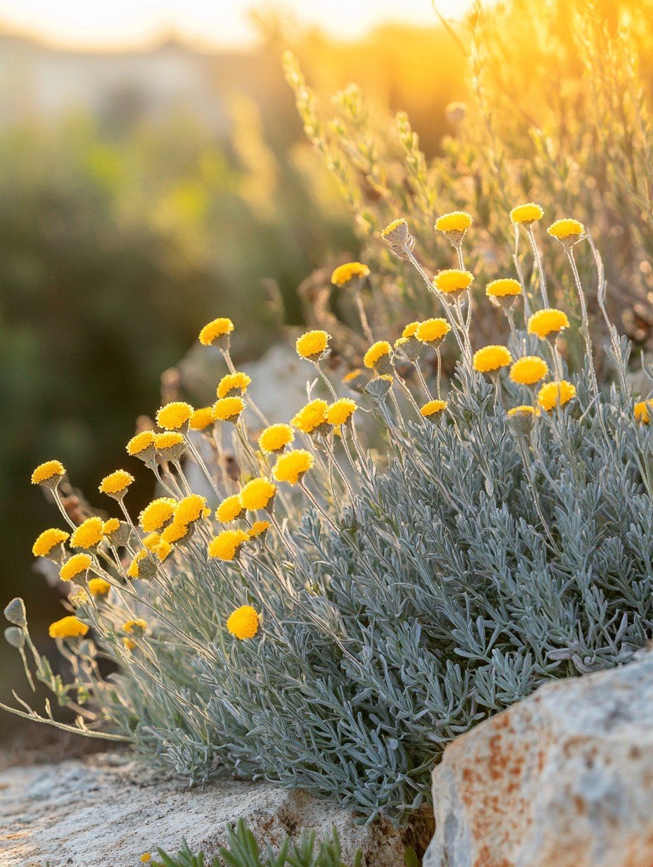 Santolina chamaecyparissus — silbergraue Kugel und gelbe Knöpfe im mediterranen Garten
