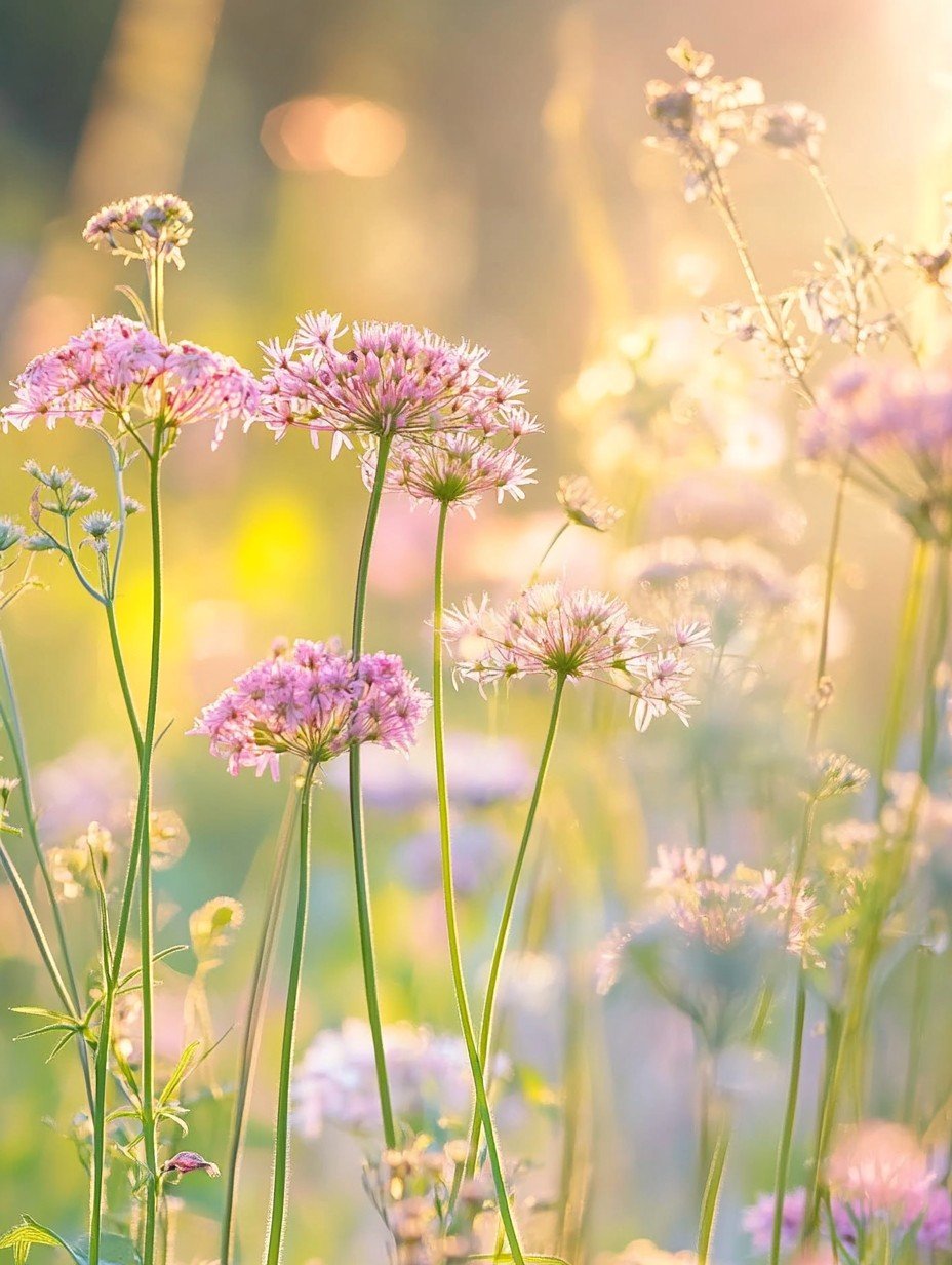 Pimpinella major Rosea — roze schermbloemen op slanke stengels in willde tuin