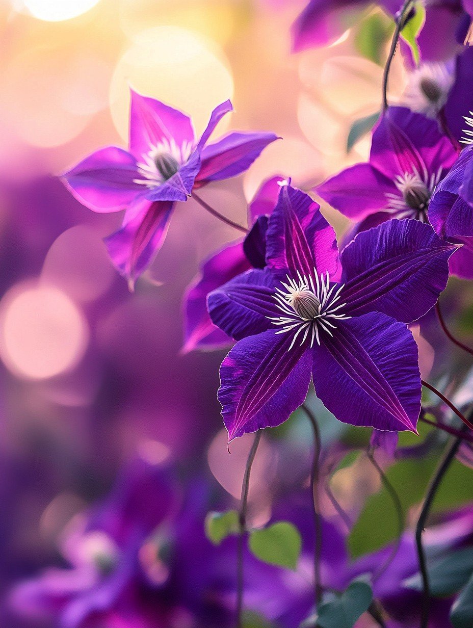 Clematis in volle Blüte tegen romantische tuinmuur — paarse grote Blüten