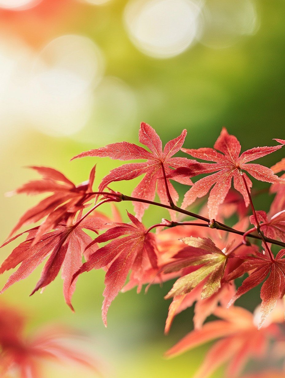 Acer palmatum Dissectum — fijn ingesneden blad in vurig rood-najaarslicht
