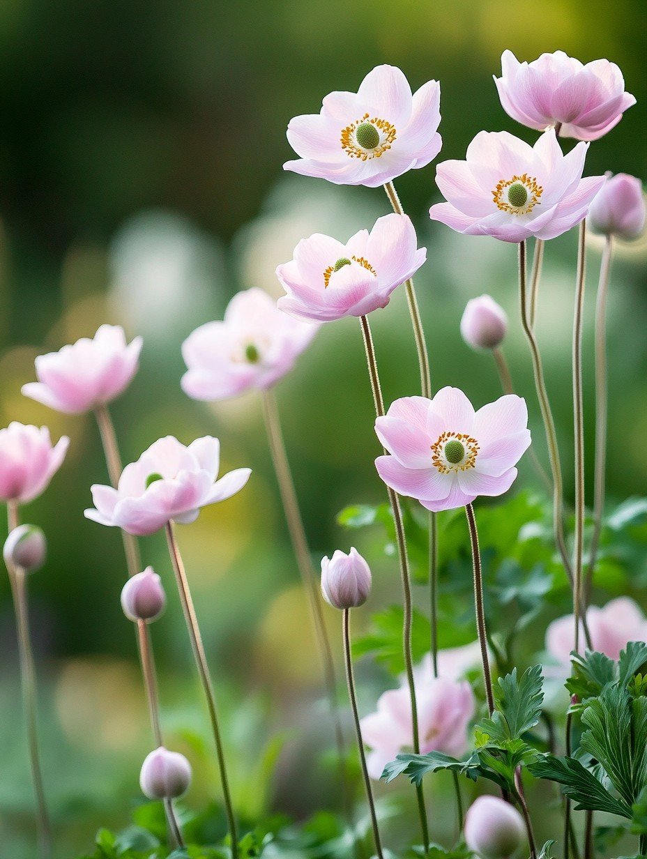 Anemone hupehensis September Charm — rosa Blüten auf hohen Stängeln im Halbschatten