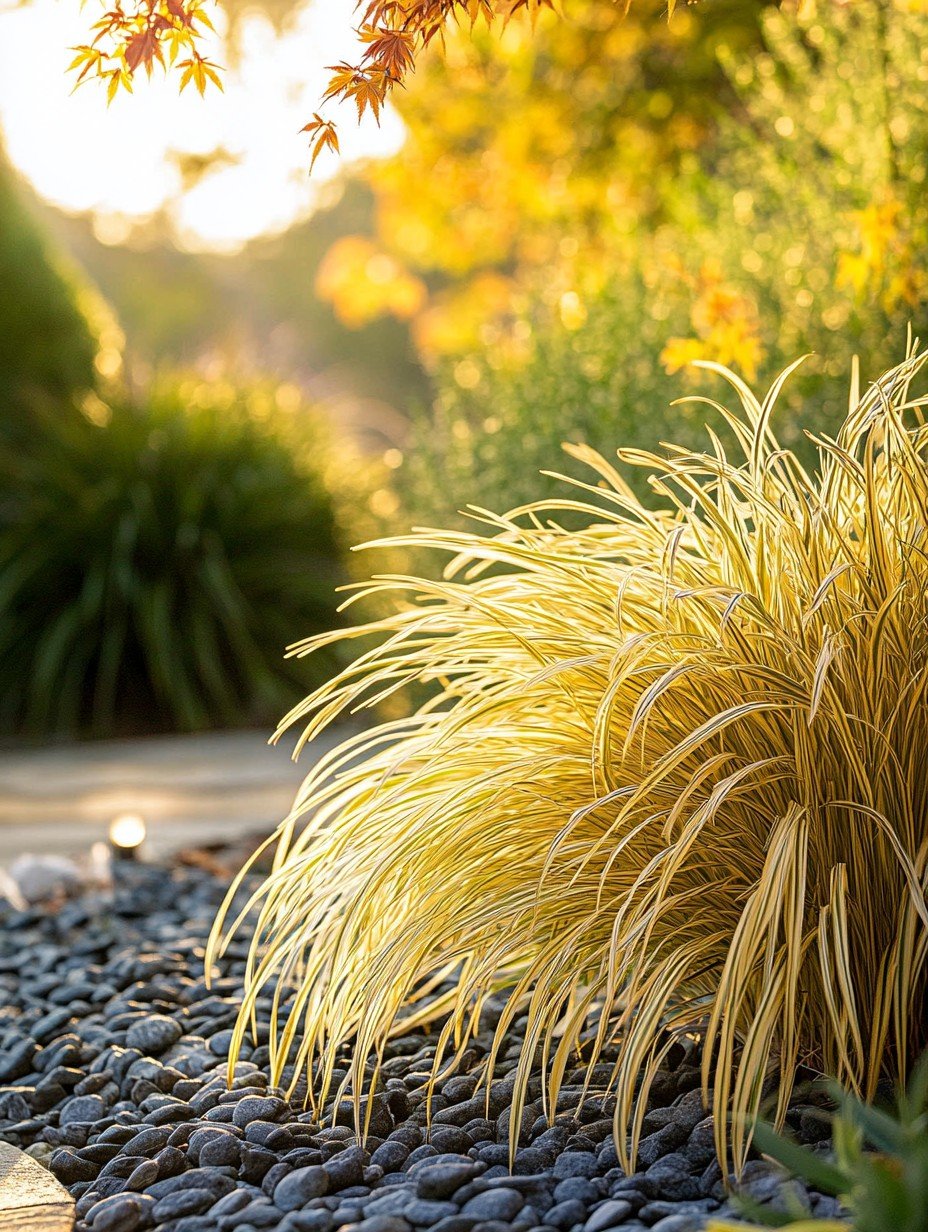 Hakonechloa macra Aureola — gelbgrünes wogendes Gras entlang eines Natursteinwegs